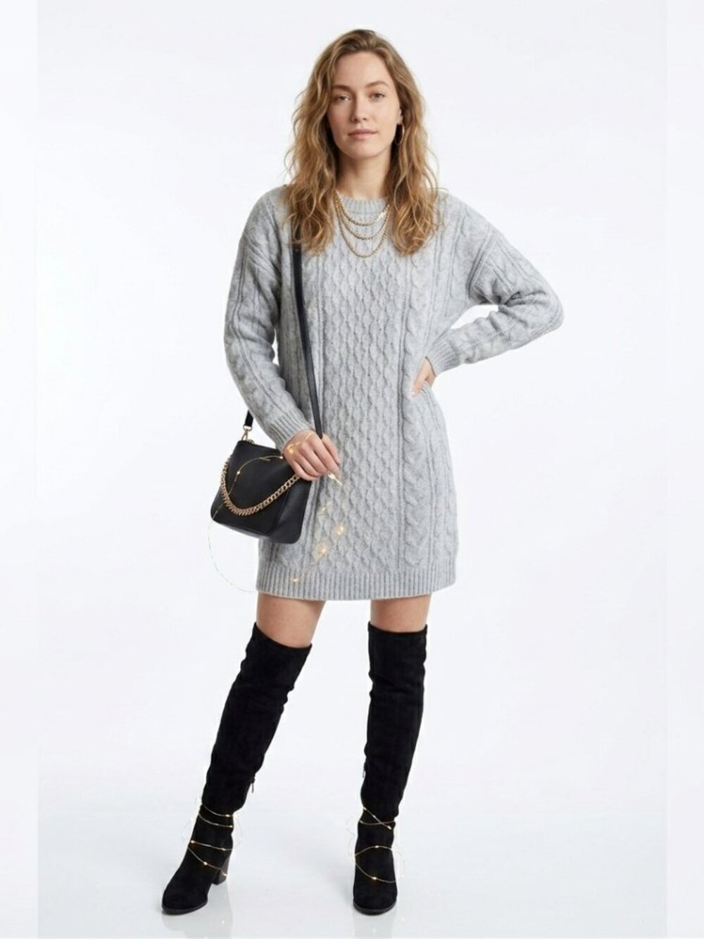 Light Gray Cable Knit Sweater Dress